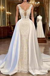 Gorgeous Long Mermaid V-neck Lace Wedding Dress with Satin Detachable Train
